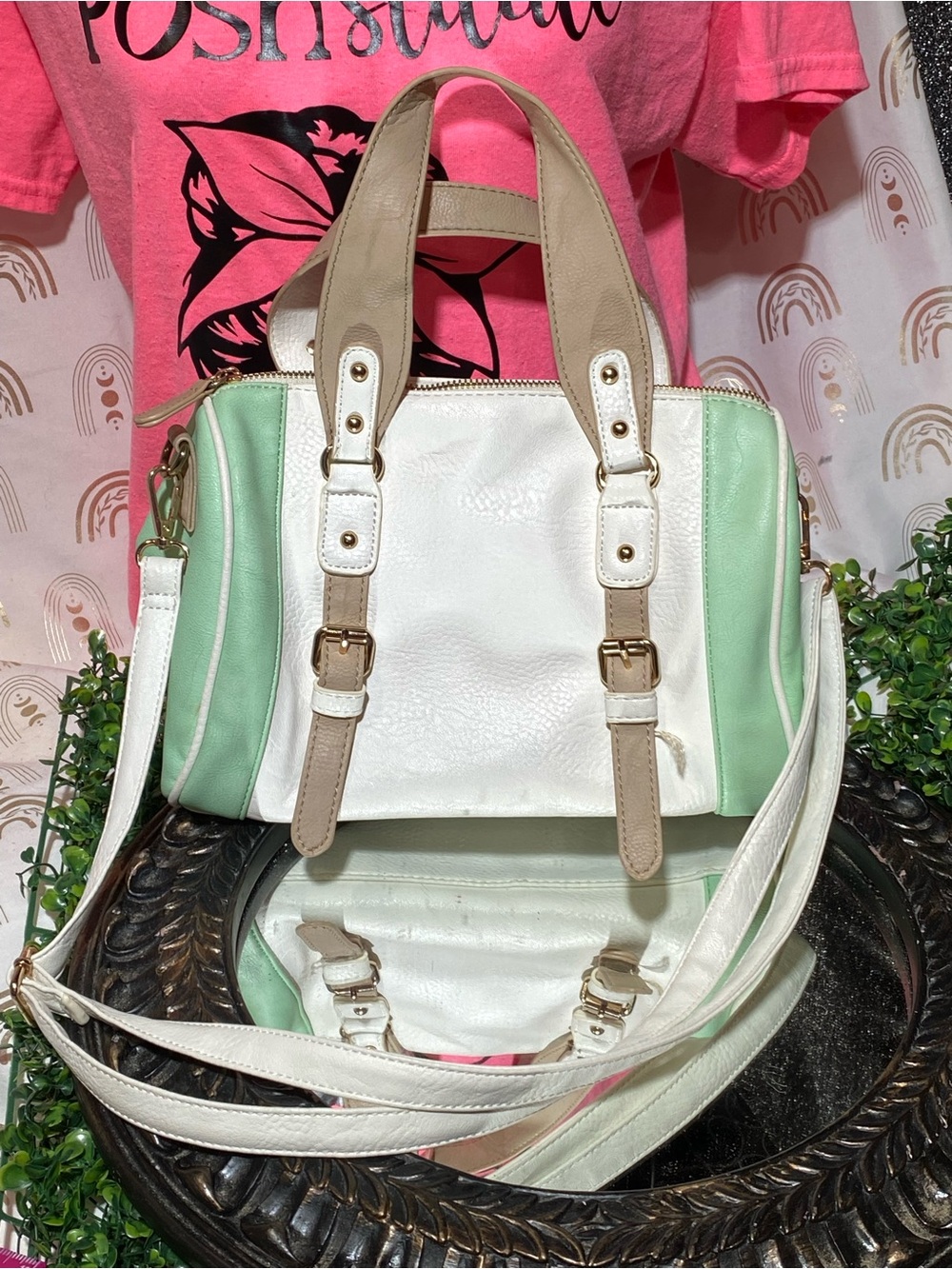 Charming Charlie Mint Green, White & Tan Satchel